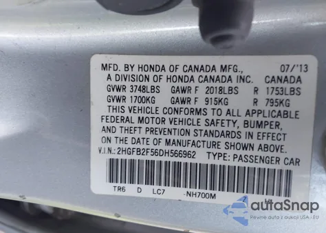 2013 Honda Civic Lx from USA, damaged, VIN 2HGFB2F56DH566962